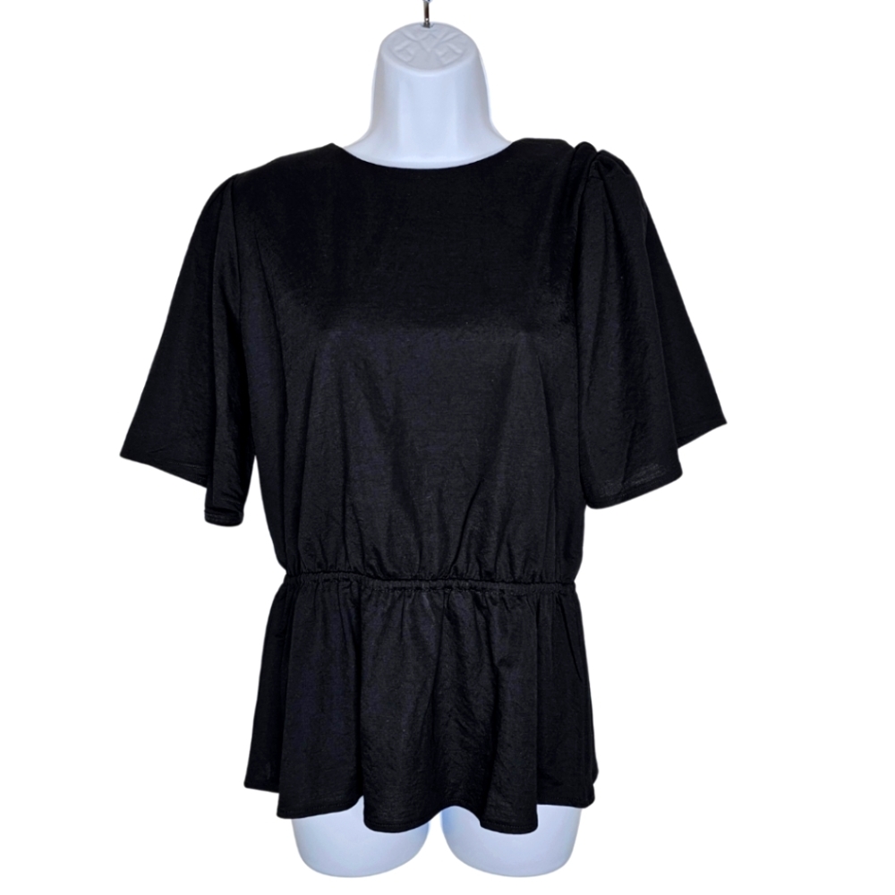 Ann Taylor Black Peplum Short Sleeve Top Stretch Waist Size L NWT